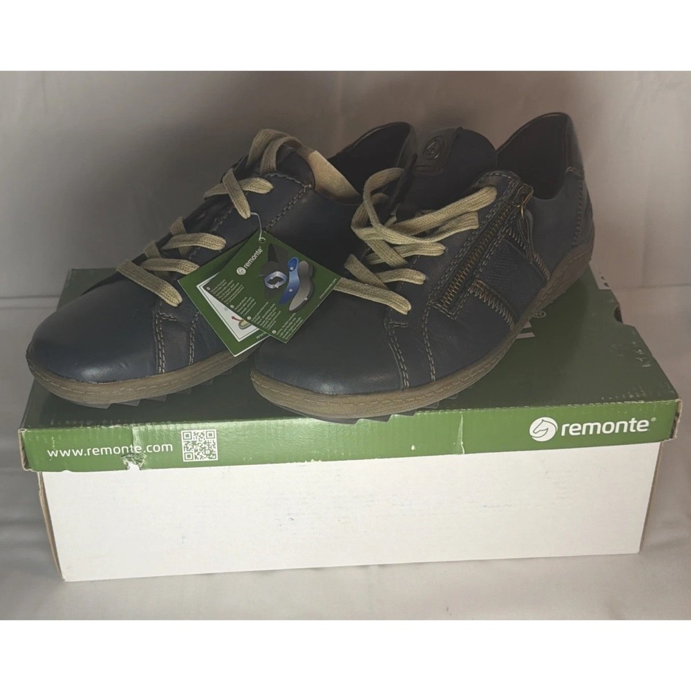 Remonte Leather Women Shoes EUR36 UK6 US7 Navy Blue Soft Lace Up Zipper NWOB